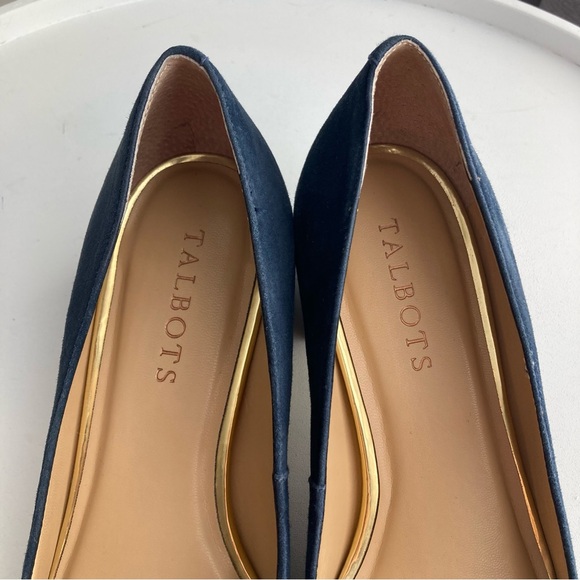 Talbots Indigo Blue Claire Block Heel Pumps Suede Gold Size 6M Women’s Shoes - Picture 8 of 16